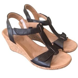 Rockport Blanca T Strap Black‎ Leather Wedge Sandal Size 10.5